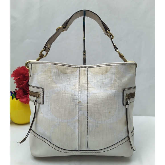 Coach Signature Of-White Canvas Leather Trim Zipper Pockets Hobo Shoulder Bag - Picture 1 of 15